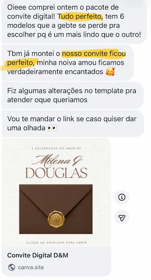 Depoimento de cliente sobre o convite digital premium